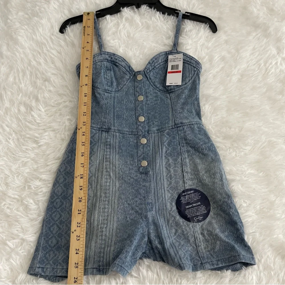 Jessica Simpson Denim Romper Women’s XS Open Back Pockets faux snap front